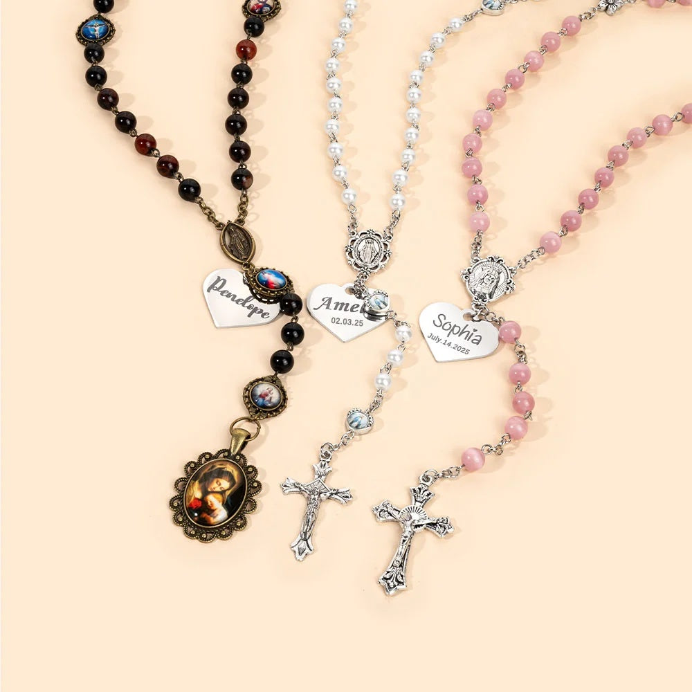 Personalized Engraved Jesus Cross Pendant Catholic Rosary Beads