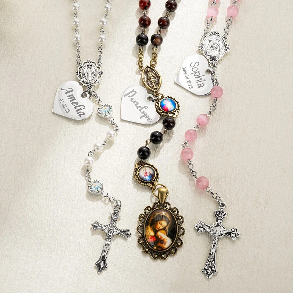 Personalized Engraved Jesus Cross Pendant Catholic Rosary Beads
