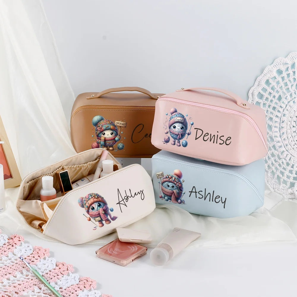 Personalized Cute Cartoon Crochet PU Leather Wide Open Makeup Bag