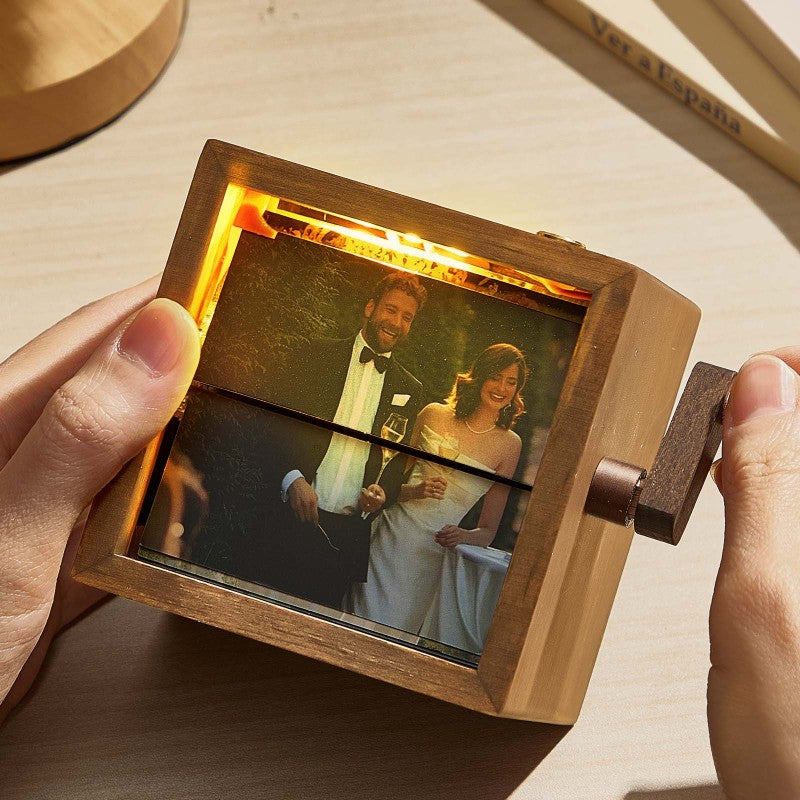 Custom Photo Flipbook Frame Animation Machine Mechanical Hand-cranked Flipbook Box Photo Album with Light Black Walnut Anniversary Gifts